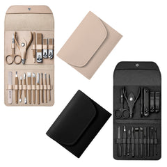 2-Pack Professional 16-Piece Manicure Pedicure Grooming Kit – Stainless Steel Nail Clippers Set with Facial Care Tools, Cuticle Trimmer, Eyebrow Scissors & Portable Travel Leather Case for Men & Women