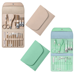 2-Pack Professional 16-Piece Manicure Pedicure Grooming Kit – Stainless Steel Nail Clippers Set with Facial Care Tools, Cuticle Trimmer, Eyebrow Scissors & Portable Travel Leather Case for Men & Women