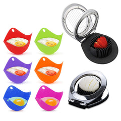 7-Pack: Silicone Egg Poaching Cups Set and Stainless Steel Heavy Duty Wire Egg And Fruit Slicer Cutter Chopper Slicer