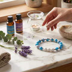 White Lava Stone Diffuser Bracelet with 2 Random Essential Oils – Aromatherapy Bead Bracelet with Dumbbell Charm – Stretch Essential Oil Jewelry for Men & Women