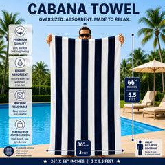 Cabana Stripe Terry Cloth Beach Towels – 80% Cotton 20% Polyester Oversized Bath & Beach Towels, Soft Absorbent Quick-Dry Pool Towels, Available in 2-Pack, 4-Pack & 6-Pack, 36 x 66 Inches