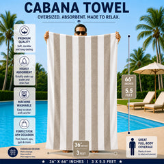 Cabana Stripe Terry Cloth Beach Towels – 80% Cotton 20% Polyester Oversized Bath & Beach Towels, Soft Absorbent Quick-Dry Pool Towels, Available in 2-Pack, 4-Pack & 6-Pack, 36 x 66 Inches