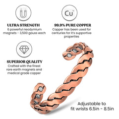 Copper Magnetic Cuff Bracelet for Men & Women – Adjustable Twisted Copper Bangle with Neodymium Magnets – Unisex Minimalist Jewelry (6.5"–8.75")