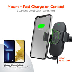 15W Wireless Car Charger Phone Mount – Gravity Auto-Clamping Fast Charging Mount for Vent, Dashboard & Windshield, 360° Adjustable Holder for iPhone, Samsung Galaxy, Pixel & More | Black