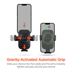 15W Wireless Car Charger Phone Mount – Gravity Auto-Clamping Fast Charging Mount for Vent, Dashboard & Windshield, 360° Adjustable Holder for iPhone, Samsung Galaxy, Pixel & More | Black