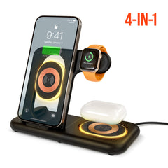 4-in-1 Foldable Wireless Charging Station with 15W Fast Charging – Wireless Charger Stand for iPhone, Apple Watch, AirPods & USB Devices – Portable Travel Charging Dock with LED Lights
