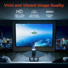 Portable Mini Projector with WiFi & Bluetooth – 720P HD Smart Projector with Built-In Streaming Apps, 200" Display, HDMI & AirPlay Compatible for Movies, Gaming & Home Theater
