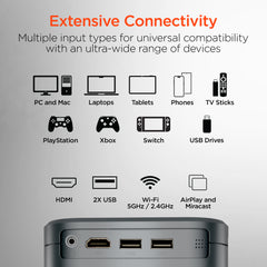 Portable Mini Projector with WiFi & Bluetooth – 720P HD Smart Projector with Built-In Streaming Apps, 200" Display, HDMI & AirPlay Compatible for Movies, Gaming & Home Theater