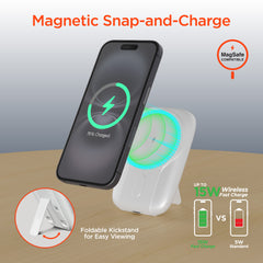 5,000mAh Magnetic Wireless Power Bank – MagSafe-Compatible 15W Fast Charging Portable Charger with Built-In USB-C & Lightning Cables, Kickstand and 20W USB-C PD | White