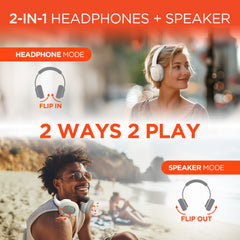 2-in-1 Wireless Bluetooth Headphones & Portable Speaker – Over-Ear Headphones with HD Stereo Sound, Built-In Speaker Mode, Memory Foam Ear Cushions, FM Radio & 10-Hour Battery Life | White