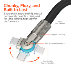 100W USB-C to USB-C Fast Charging Cable – 12ft Rugged Braided Cable with Dual 180° Rotating Connectors, LED Indicators & PD Fast Charge for iPhone 15/16, Samsung, iPad, MacBook & More | Black