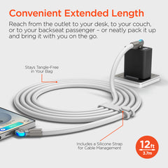 100W USB-C to USB-C Fast Charging Cable – 12ft Rugged Braided Cable with Dual 180° Rotating Connectors, LED Indicators & PD Fast Charge for iPhone 15/16, Samsung, iPad, MacBook & More | White