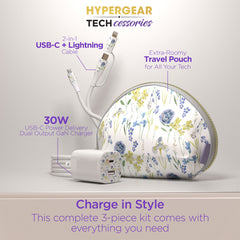 30W USB-C Fast Charging Kit with Travel Pouch – GaN Wall Charger, 6ft USB-C to USB-C & Lightning Cable, Floral Tech Organizer Set for iPhone, Samsung, iPad & More