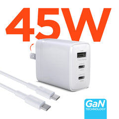 45W GaN USB-C Wall Charger with 6ft USB-C Cable – Dual USB-C PD PPS & USB-A Fast Charging Adapter – 3-Port Charger for iPhone, Samsung, iPad, MacBook Air & More