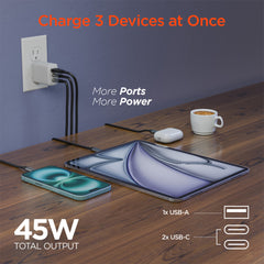 45W GaN USB-C Wall Charger with 6ft USB-C Cable – Dual USB-C PD PPS & USB-A Fast Charging Adapter – 3-Port Charger for iPhone, Samsung, iPad, MacBook Air & More