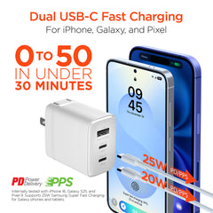45W GaN USB-C Wall Charger with 3ft & 6ft USB-C Cables – Dual USB-C PD PPS & USB-A Fast Charging Adapter – 3-Port Charger for iPhone, Samsung, iPad, MacBook Air & More