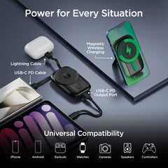 5,000mAh Magnetic Wireless Power Bank – MagSafe-Compatible 15W Fast Charging Portable Charger with Built-In USB-C & Lightning Cables, 20W USB-C PD and Foldable Kickstand | Black