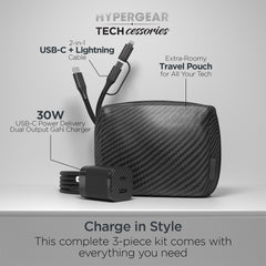 30W USB-C Fast Charging Kit with Travel Pouch – GaN Wall Charger, 6ft USB-C to USB-C & Lightning Cable, Carbon Fiber Tech Organizer Set for iPhone, Samsung, iPad & More