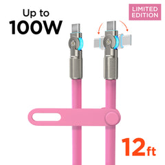 100W USB-C to USB-C Fast Charging Cable – 12ft Rugged Braided Cable with Dual 180° Rotating Connectors, LED Indicators & PD Fast Charge for iPhone 15/16, Samsung, iPad, MacBook & More | Pink