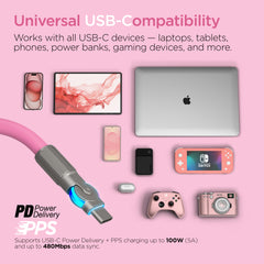 100W USB-C to USB-C Fast Charging Cable – 12ft Rugged Braided Cable with Dual 180° Rotating Connectors, LED Indicators & PD Fast Charge for iPhone 15/16, Samsung, iPad, MacBook & More | Pink