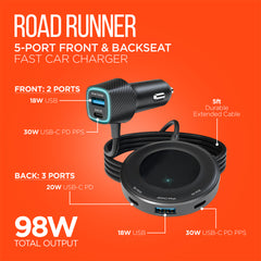 98W 5-Port Fast Car Charger with Backseat Charging Hub – Dual 30W USB-C PD PPS & USB-A Ports – Multi-Device Car Charger for iPhone, Android, Tablets & Laptops