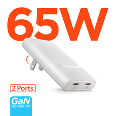 65W Dual USB-C GaN Wall Charger – Ultra-Slim Fast Charger with USB-C PD PPS, Foldable Prongs & Dual-Port Charging for MacBook, iPhone, Samsung, iPad & More