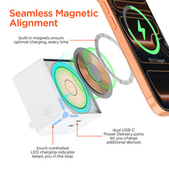 3-in-1 Magnetic Wireless Charger with Dual USB-C PD Ports – 15W MagSafe-Compatible Fast Charging Station, 40W GaN Wall Charger for iPhone, AirPods, Apple Devices & More | White