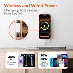 3-in-1 Magnetic Wireless Charger with Dual USB-C PD Ports – 15W MagSafe-Compatible Fast Charging Station, 40W GaN Wall Charger for iPhone, AirPods, Apple Devices & More | White