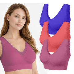 3-Pack Seamless Lace Trim Comfort Bras – Wireless Stretch Support Bras with Wide Straps & Full Coverage Smoothing Design