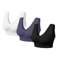 3-Pack Seamless Lace Trim Comfort Bras – Wireless Stretch Support Bras with Wide Straps & Full Coverage Smoothing Design