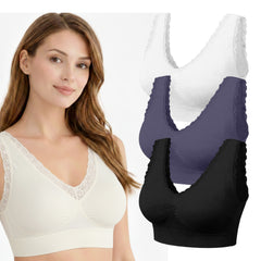 3-Pack Seamless Lace Trim Comfort Bras – Wireless Stretch Support Bras with Wide Straps & Full Coverage Smoothing Design