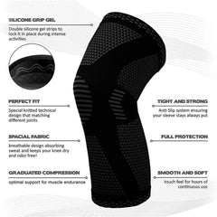 Support & Recovery Knee Compression Sleeve Brace with Gel Grip (1 Pair) – 3D Knit Knee Support for Running, Gym, Sports & Workouts – Anti-Slip Knee Brace for Men & Women