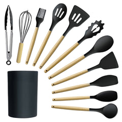 12-Piece Silicone Kitchen Utensil Set with Wooden Handles – Heat-Resistant Cooking Tools with Holder for Non-Stick Cookware, Aesthetic Countertops & First Apartment Vibes