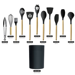 12-Piece Silicone Kitchen Utensil Set with Wooden Handles – Heat-Resistant Cooking Tools with Holder for Non-Stick Cookware, Aesthetic Countertops & First Apartment Vibes