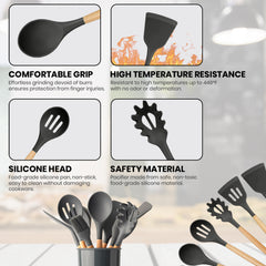12-Piece Silicone Kitchen Utensil Set with Wooden Handles – Heat-Resistant Cooking Tools with Holder for Non-Stick Cookware, Aesthetic Countertops & First Apartment Vibes