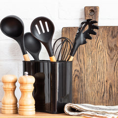 12-Piece Silicone Kitchen Utensil Set with Wooden Handles – Heat-Resistant Cooking Tools with Holder for Non-Stick Cookware, Aesthetic Countertops & First Apartment Vibes