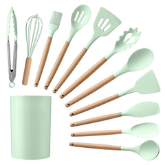 12-Piece Silicone Kitchen Utensil Set with Wooden Handles – Heat-Resistant Cooking Tools with Holder for Non-Stick Cookware, Aesthetic Countertops & First Apartment Vibes