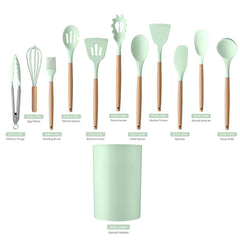12-Piece Silicone Kitchen Utensil Set with Wooden Handles – Heat-Resistant Cooking Tools with Holder for Non-Stick Cookware, Aesthetic Countertops & First Apartment Vibes