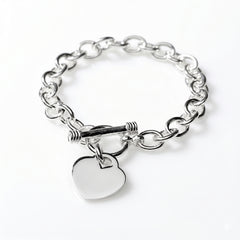 Silver Tone Heart Toggle Bracelet for Women – Classic Link Bracelet with Engravable Charm & Toggle Clasp – Elegant Gift Jewelry for Everyday & Special Occasions