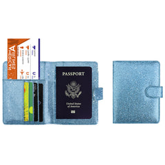 Glitter RFID Passport Holder Wallet – Bling PU Leather Travel Organizer with Credit Card Slots for Passport, Travel Documents, ID Cards & Business Cards, Blue & Rose Gold