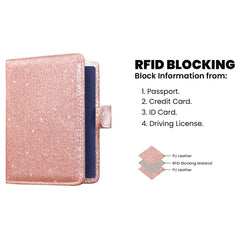 Glitter RFID Passport Holder Wallet – Bling PU Leather Travel Organizer with Credit Card Slots for Passport, Travel Documents, ID Cards & Business Cards, Blue & Rose Gold