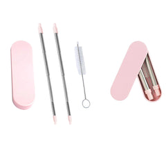 2-Pack Reusable Collapsible Stainless Steel Straws with Cleaning Brushes & Travel Cases – BPA-Free, Eco-Friendly, Pink & Peach