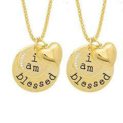 “I Am Blessed” Crystal Necklace for Women – Two-Tone Circle Pendant with 7 Sparkling Stones & Heart Charm – Adjustable 19” + 3” Chain Gift Jewelry