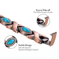 Magnetic Copper Bracelet for Men & Women – Adjustable Stainless Steel & Copper Cuff with Turquoise & Crystal Inlay – Unisex Fashion Bangle Jewelry Gift