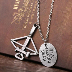 Crossbow Pendant Necklace – Silver Tone Chain with Crossbow & Charm – Survival Inspired Jewelry for Men & Women – 18” Chain Gift