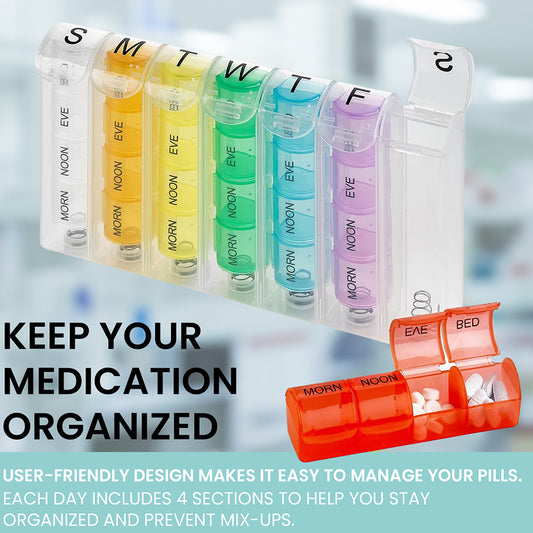 Weekly Pill Organizer with AM/PM Compartments – 4 Times Daily Medication Planner for Vitamins & Supplements – Portable Pill Box for Home & Travel